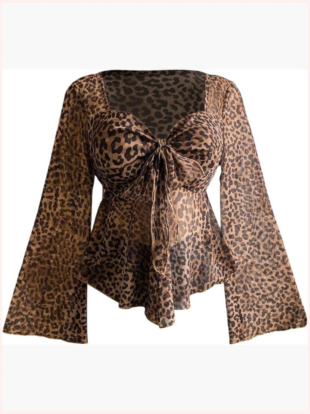 Plus Size Bell Sleeve Cheetah Peplum Blouse Tie Front Babydoll Top